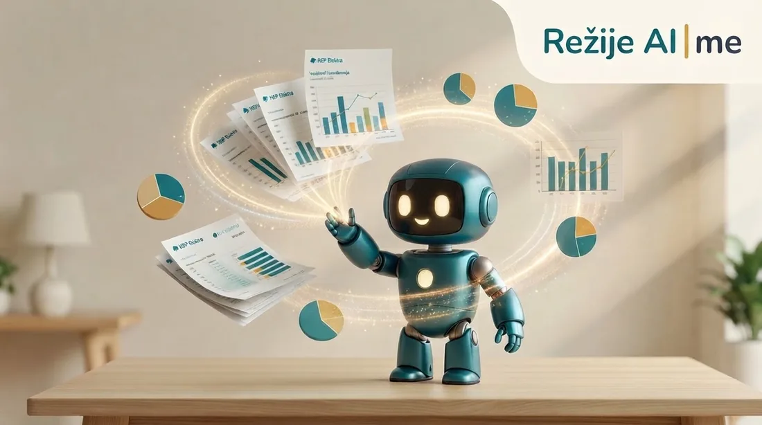Prijateljski teal AI robot Režije AI | me hvata račune za struju, vodu i plin koji se u letu pretvaraju u uredne grafove