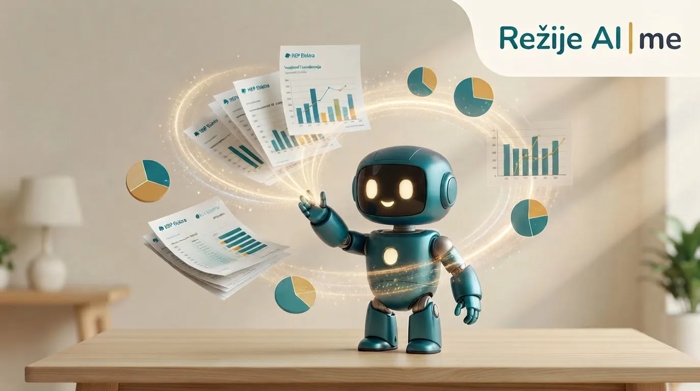 Prijateljski teal AI robot Režije AI | me ispružene ruke među papirima i grafikonima koji lebde u zlatnom luku svjetla